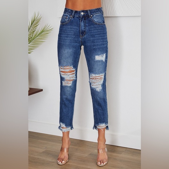 Jackberry By Venti6 Pants - (H9616-DNM) STRAIGHT LEG DENIM PANTS WITH DISTRESSED HEM AND KNEES